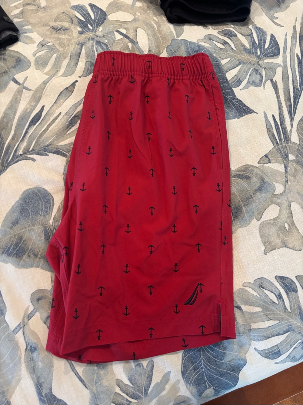 Nautica Red Swim Board Shorts with Navy Anchor Print
